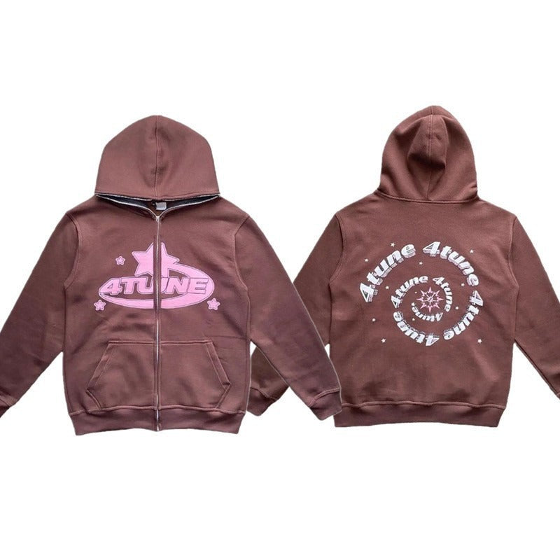Full face zippered plush hoodie with a hat, American retro Y2K hoodie, men's casual jacket, men's