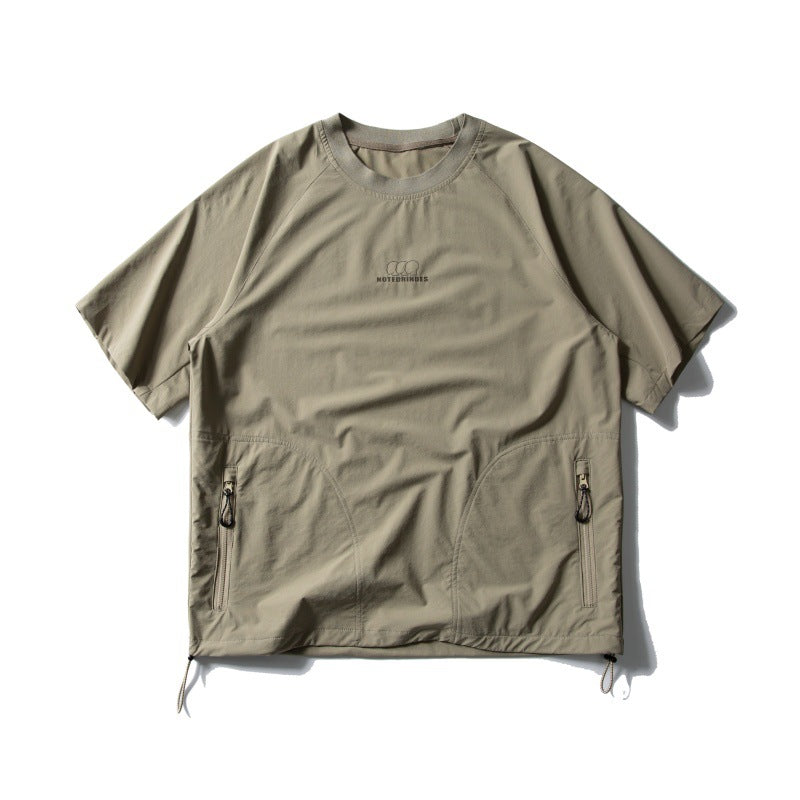 Zipper pocket breathable quick drying loose sports short sleeved shirt