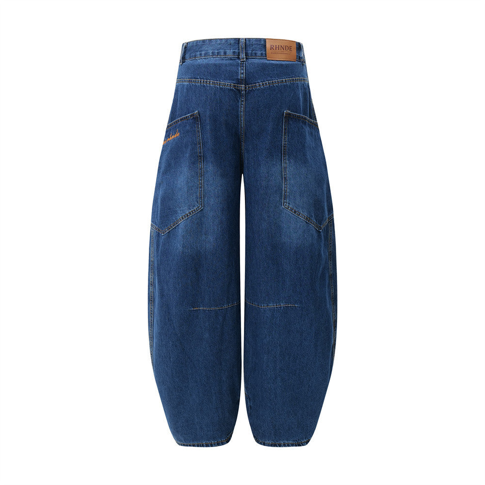 Large Pocket Slouchy Denim Trousers Men's American Street Style Design Loose Wide Leg Pants Embroidered Floor-Length Long Pants