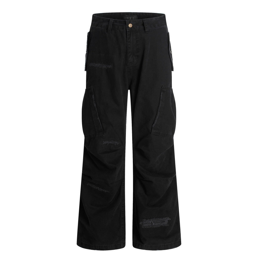 High Street Design Multi-Pocket Workwear Long Pants Men's Vibe Trendy Ripped Patch Pleated Loose Wide-Leg Pants