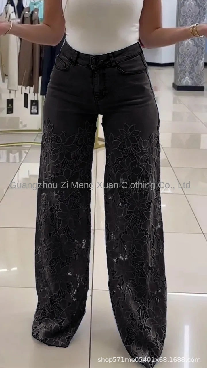 High-Waisted Wide-Leg Pants Women's Spring Summer Fashionable Elegant Versatile Hollow Lace Splicing Denim Drape Trousers