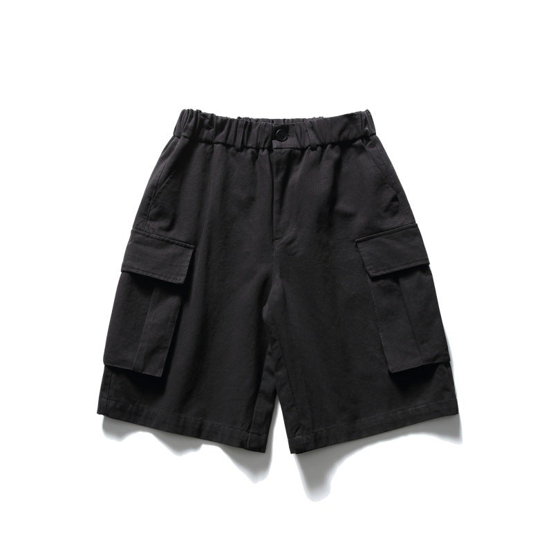 Solid color heavy-duty washed large pocket loose workwear shorts for men