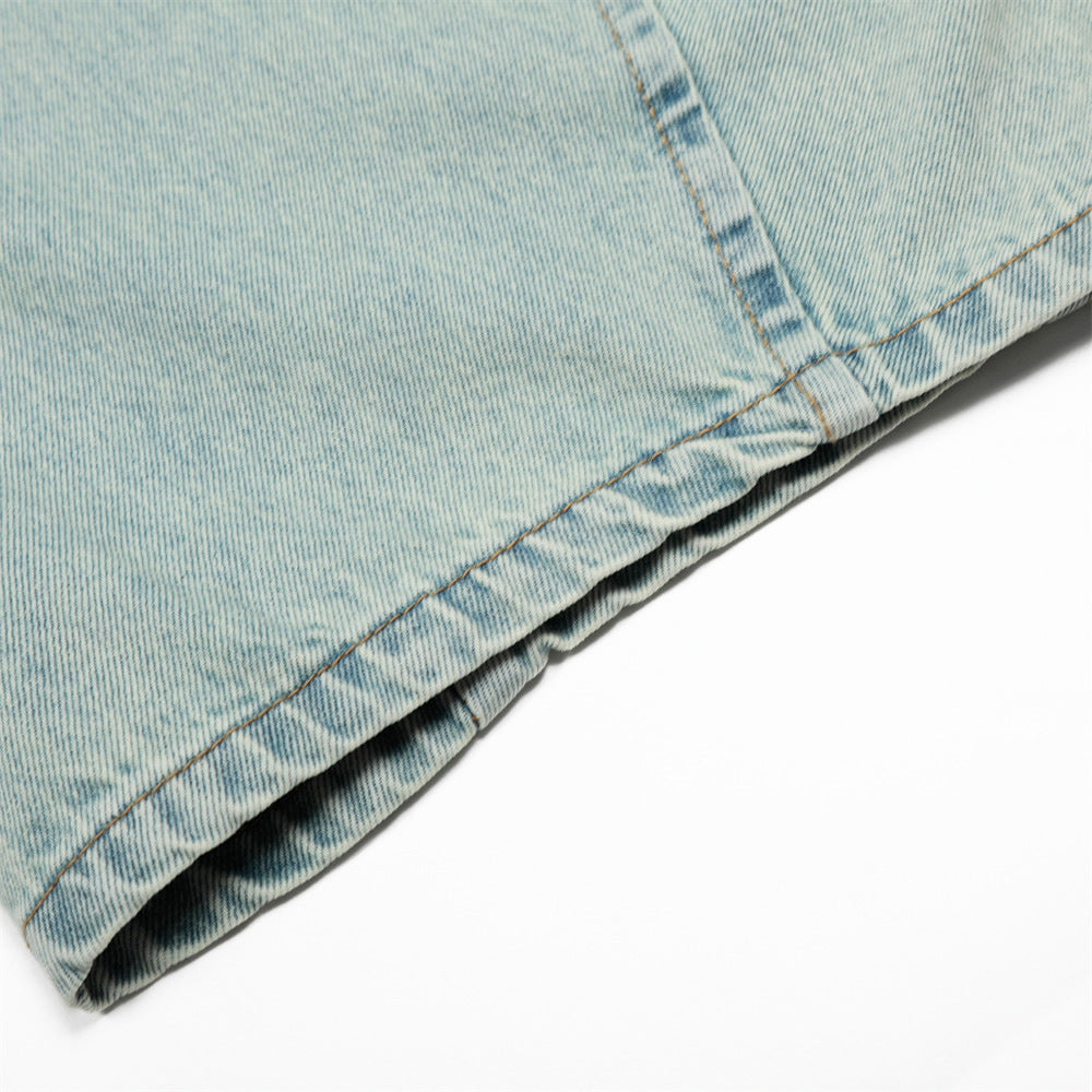 Heavy Washed Slashed Denim Pants American Retro Loose Wide-Leg Long Pants Men's Light Color Distressed Banana Pants