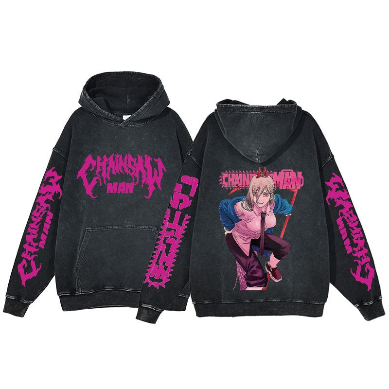 American retro washed hoodie for men and women, hip-hop chain sawman anime, dark hoodie, distressed hoodie