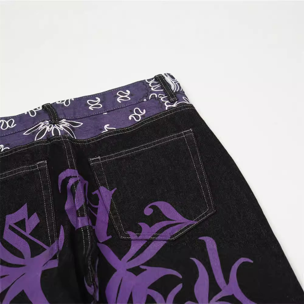 Letter Print Color Block Splicing Denim Pants Men's Loose Straight Leg Long Trousers Trendy Casual Pants