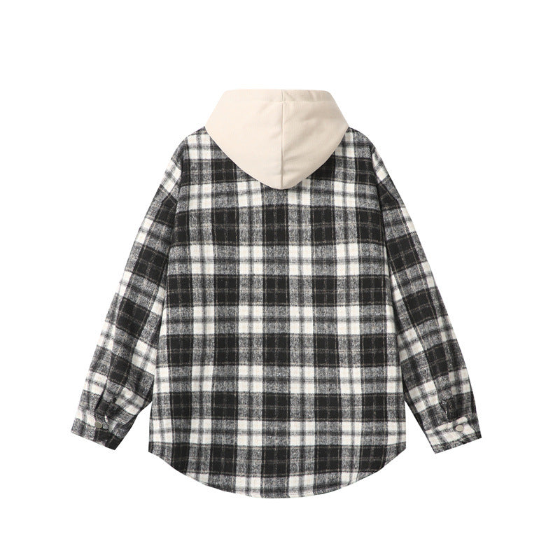 Fake two checkered hooded men's shirts