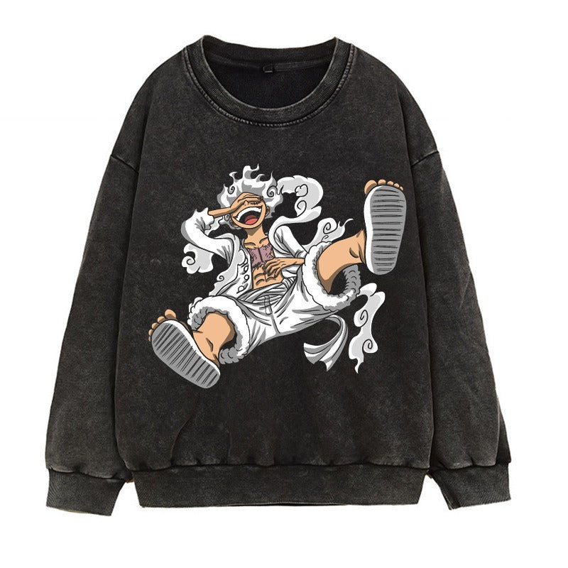 Washed retro distressed hoodie in Japanese Manica form, fifth grade Luffy Gear 5 anime print round neck top