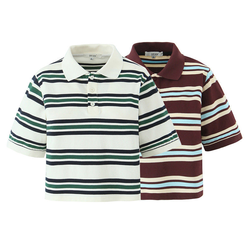 Summer New Women's Style Striped Polo Collar Loose T-Shirt Top