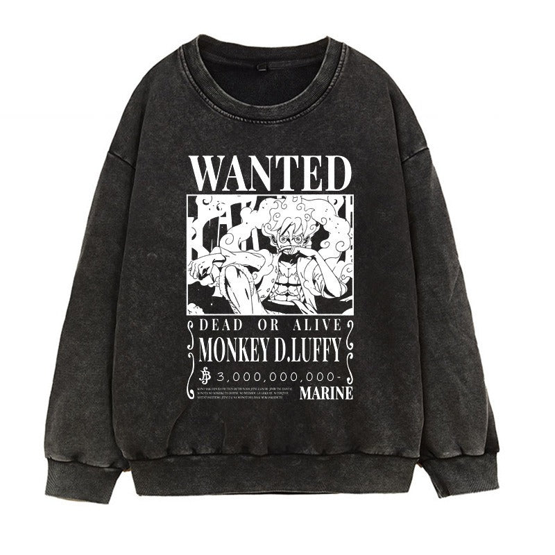 Washed retro distressed hoodie in Japanese Manica form, fifth grade Luffy Gear 5 anime print round neck top