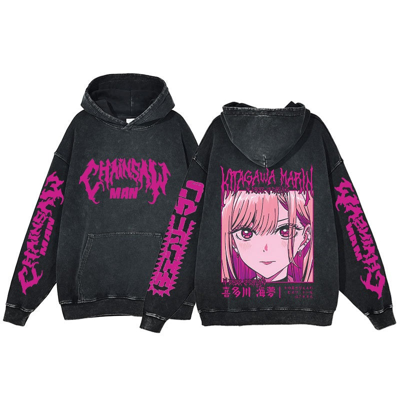 American retro washed hoodie for men and women, hip-hop chain sawman anime, dark hoodie, distressed hoodie
