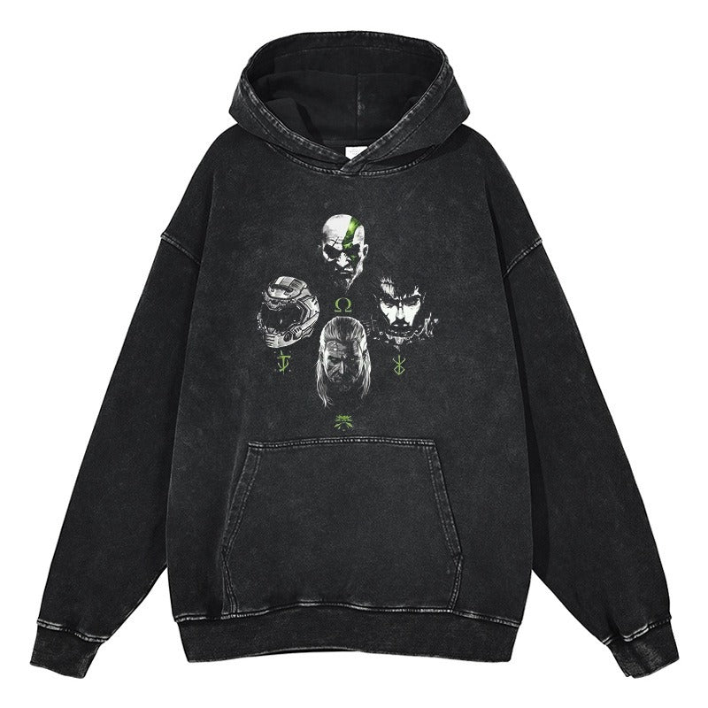 American retro washed hoodie for men and women, hip-hop sword style legendary dark print hoodie vintage hoodie