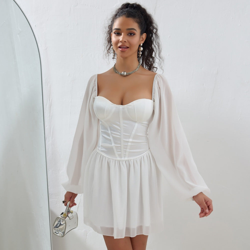 Women's Dress New Arrival Strapless Square Neck Mesh Splicing Satin High Waist A-Line Dress