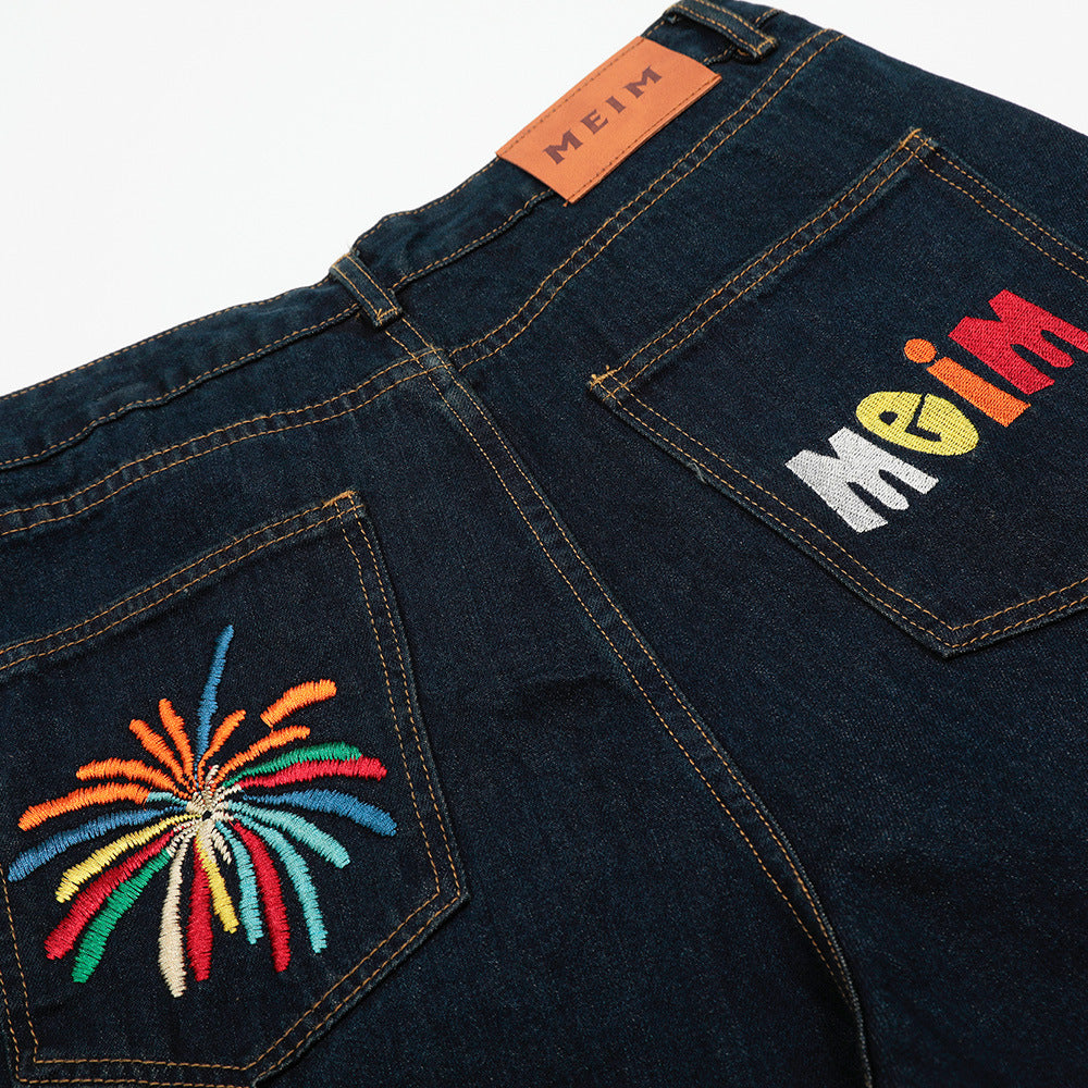 Embroidered Denim Shorts with Letter Pattern for Men, Loose Fit, Casual Washed Straight Leg Mid-Length Pants