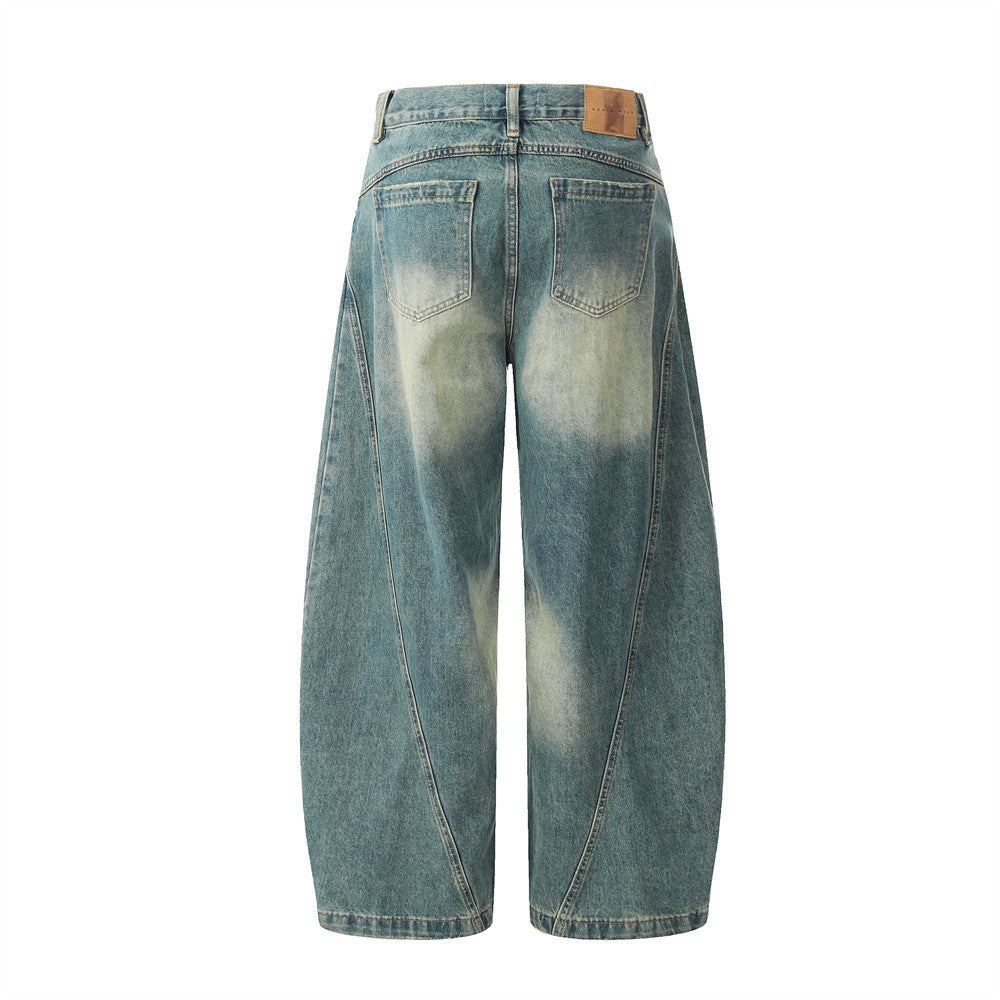 Washed Denim Scissors Pants Men's Long Trousers Punk Deconstructed Patchwork Faded Distressed Loose Wide-Leg Work Pants Street Fashion