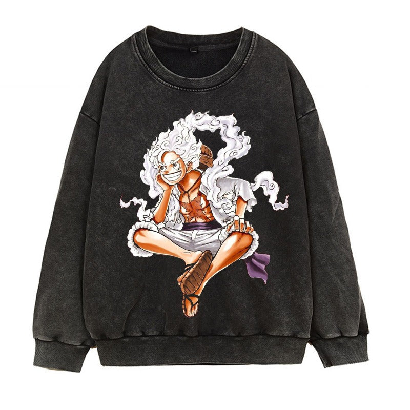 Washed retro distressed hoodie in Japanese Manica form, fifth grade Luffy Gear 5 anime print round neck top