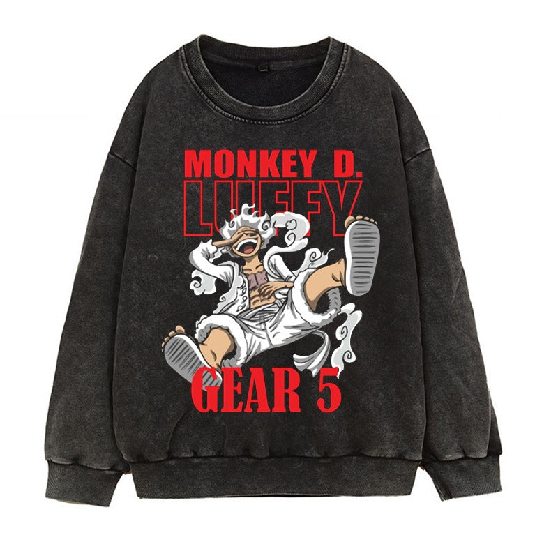 Washed retro distressed hoodie in Japanese Manica form, fifth grade Luffy Gear 5 anime print round neck top