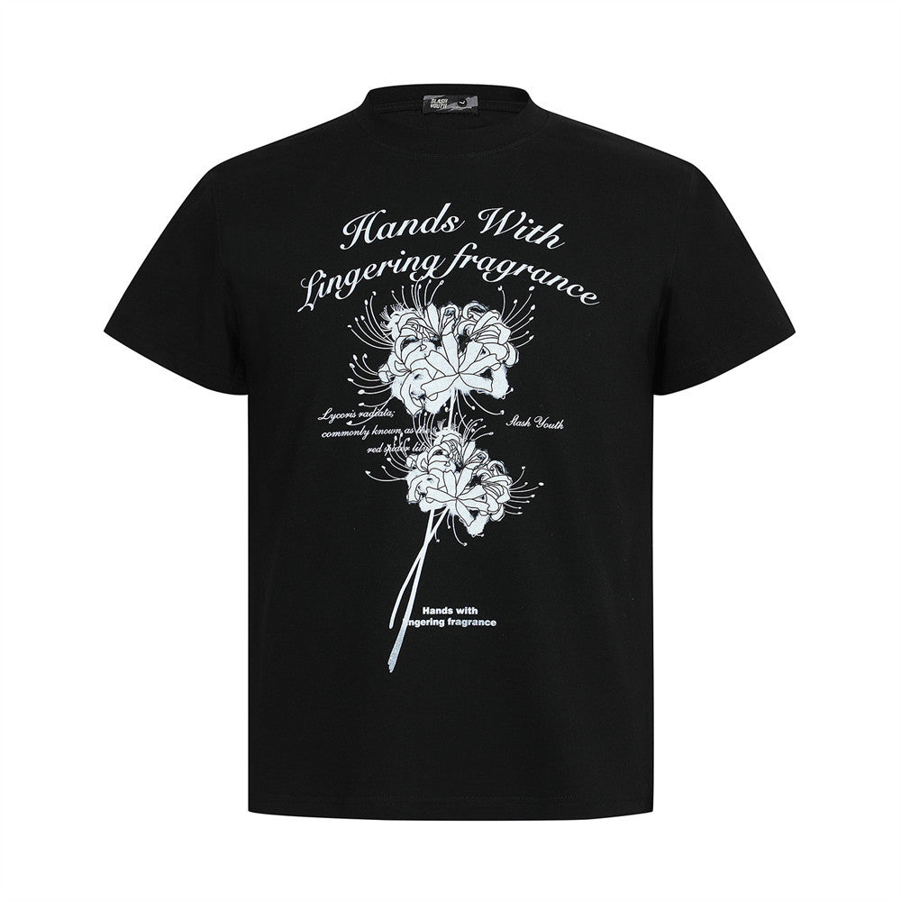High Street Unique Short Sleeve T-Shirt Men's Summer INS Trendy Regular Shoulder Fitted Plant Flower Stamen Print Tee