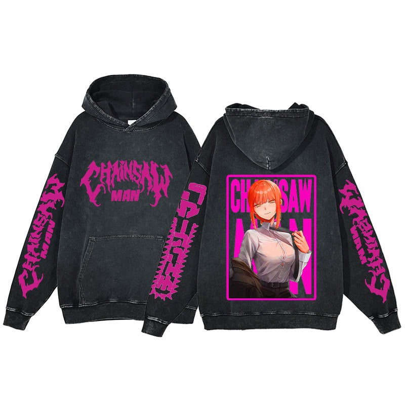 American retro washed hoodie for men and women, hip-hop chain sawman anime, dark hoodie, distressed hoodie