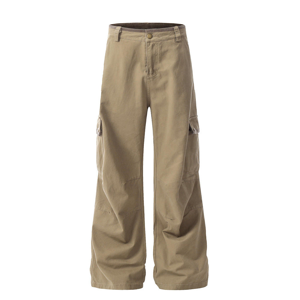 Trendy Workwear Wide-Leg Long Pants Men's Vibe American Retro Pleated Knee Design Solid Color Loose Flared Trousers