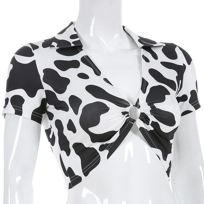 Animal Print Kawaii Cropped Feminino Tshirt Women Korean Style V Neck Cow T Shirts