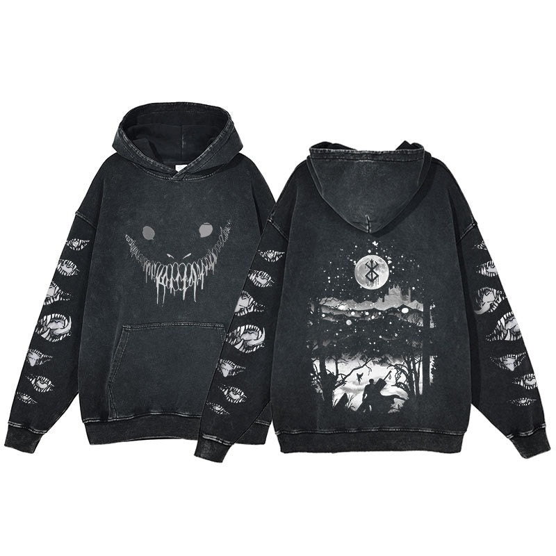 American retro washed hoodie for men and women, hip-hop sword style legendary dark print hoodie, vintage hoodie
