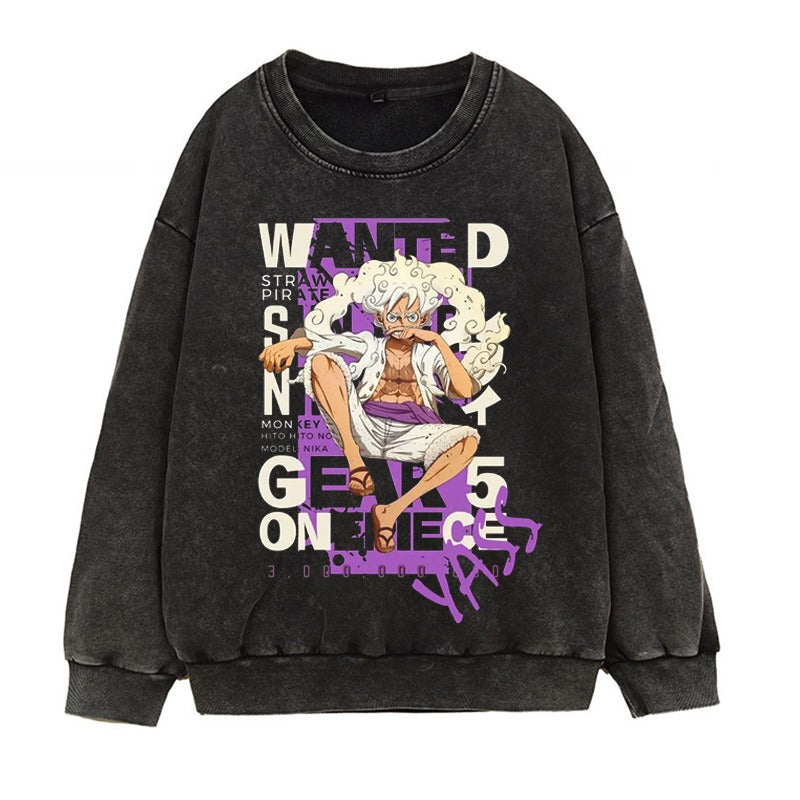 Washed retro distressed hoodie in Japanese Manica form, fifth grade Luffy Gear 5 anime print round neck top