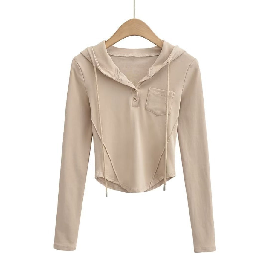 Fashion Women's New Solid Color Curved Tight Coat Hoodie Drawstring Pocket Hoodie