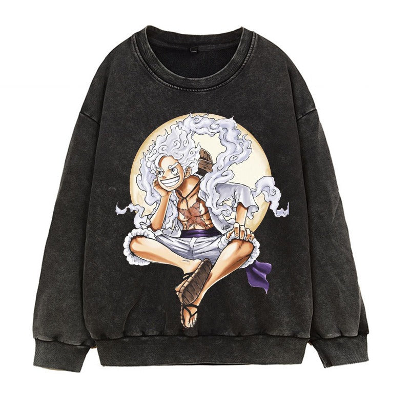 Washed retro distressed hoodie in Japanese Manica form, fifth grade Luffy Gear 5 anime print round neck top