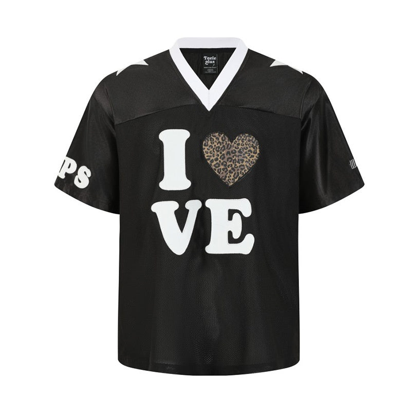 Heart-shaped Color-blocked Leopard Print Mesh Short-sleeved T-shirt Men's Summer Sports Loose V-neck Jersey Breathable Quick-dry Design Sense