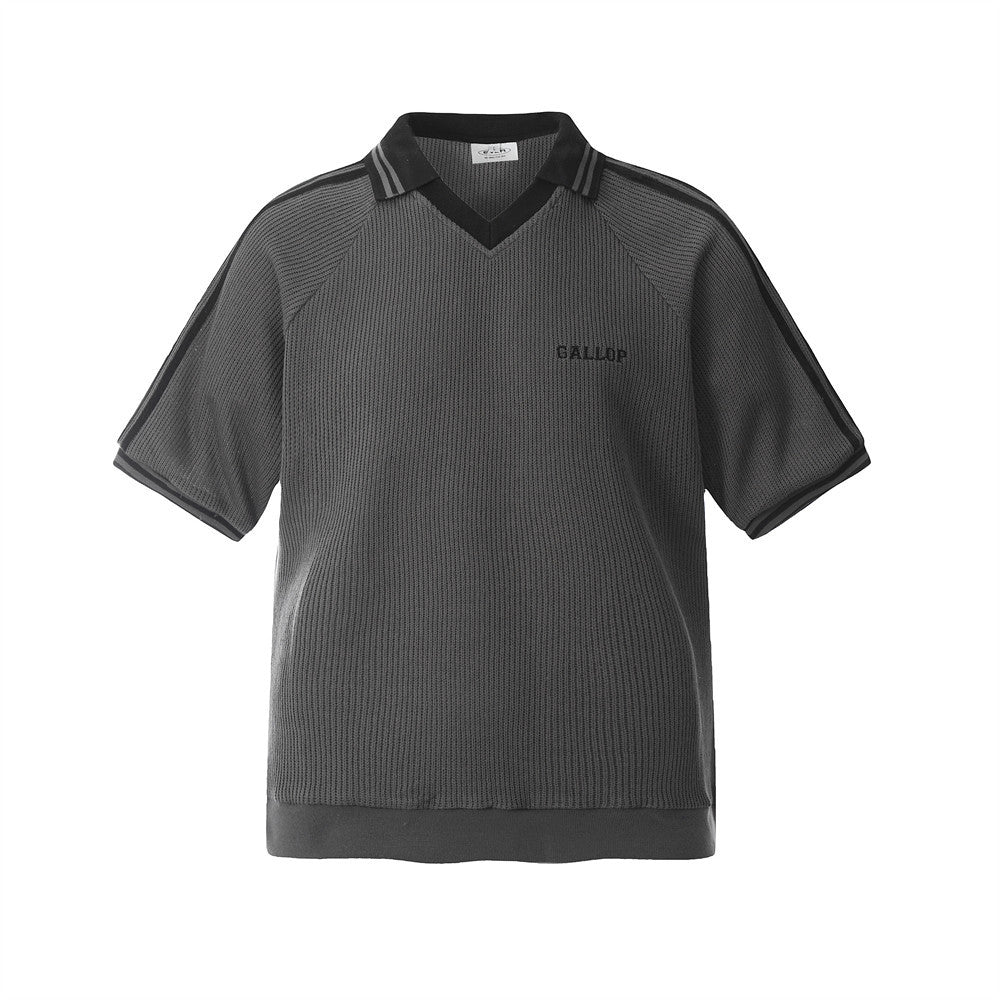 Summer Men's Polo Shirt Spliced Stripe Three-Stripes V-Neck Flip Collar Short Sleeve T-Shirt High Street Trendy Loose Top