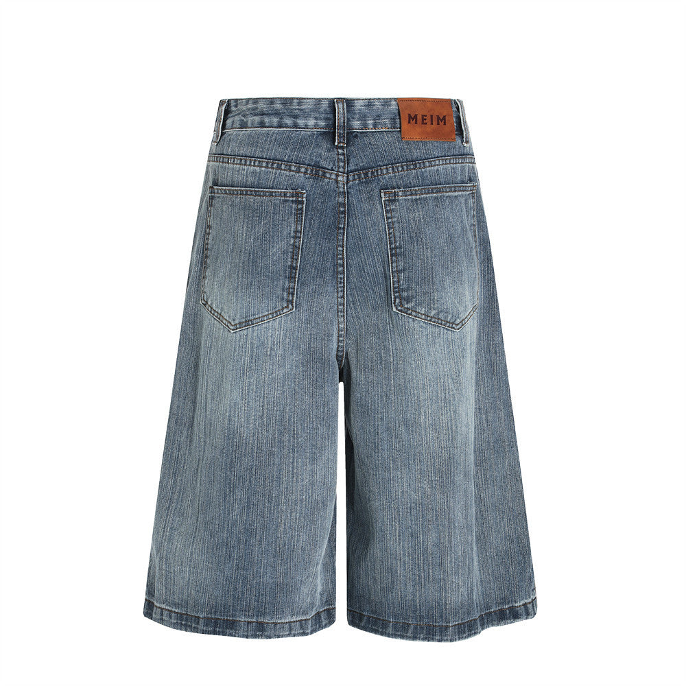 Riveted Deconstructed Denim Short Men's Loose American Street Style Washed Straight Leg Five-Quarter Pants