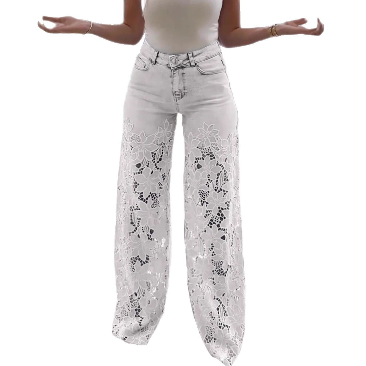 High-Waisted Wide-Leg Pants Women's Spring Summer Fashionable Elegant Versatile Hollow Lace Splicing Denim Drape Trousers