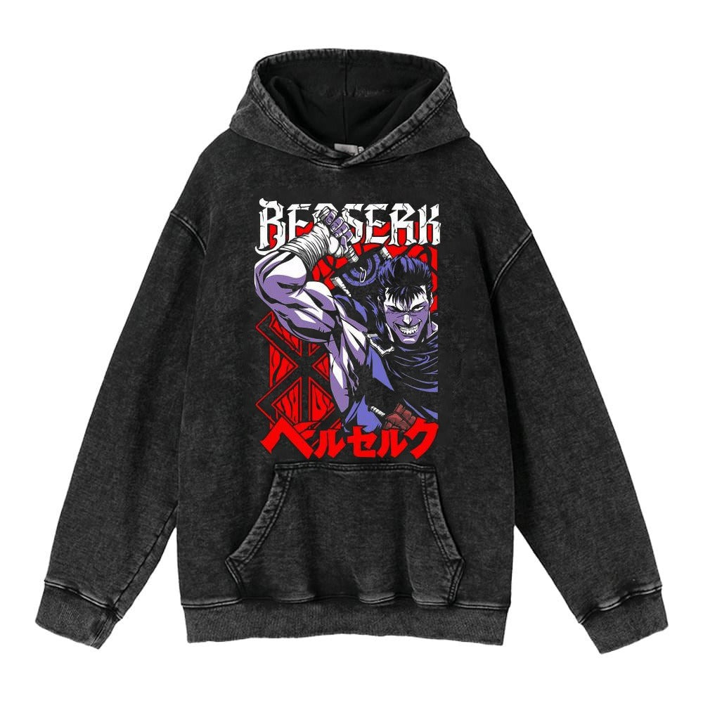 American retro washed hoodie for men and women, hip-hop sword style legendary dark print hoodie, distressed
