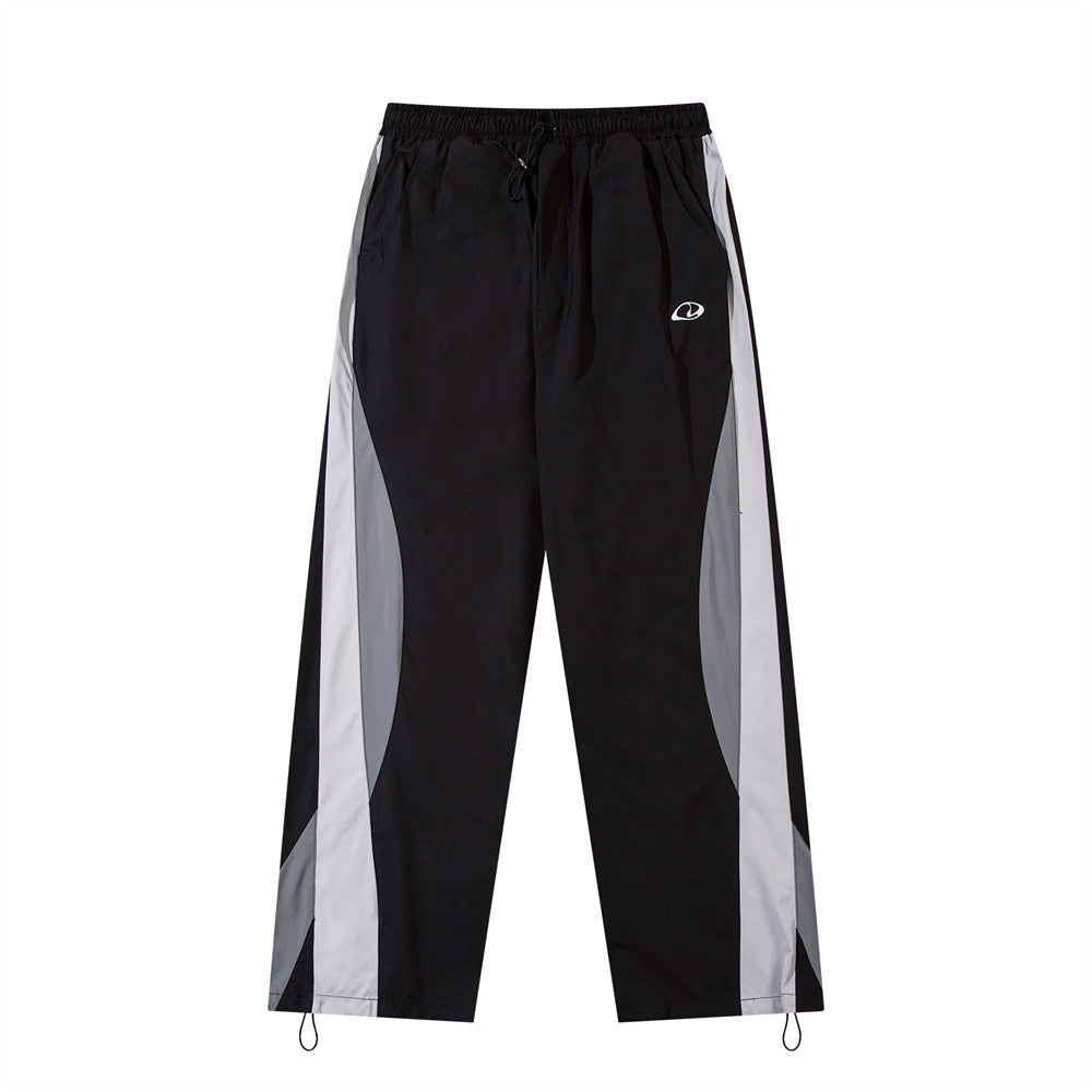 Functional Color Block Spliced Sports Casual Trousers Men's High Street Trend Design Elastic Waist Drawstring Loose Straight Pants
