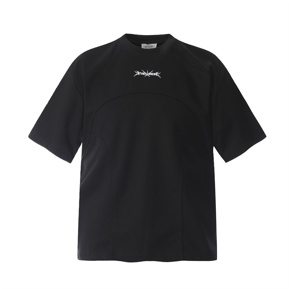 Simple Embroidered Letter Short Sleeve T-Shirt Loose Round Neck Men's INS Trendy American Design Split Half Sleeve Tee