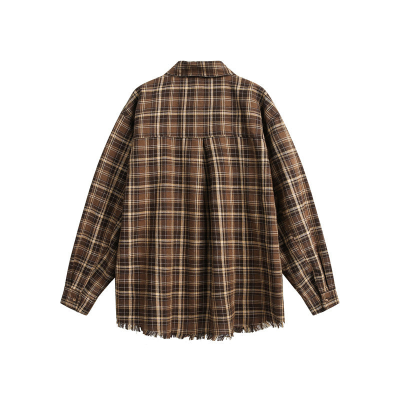 Loose Heavy duty plaid tassel men's and women's long sleeved shirt