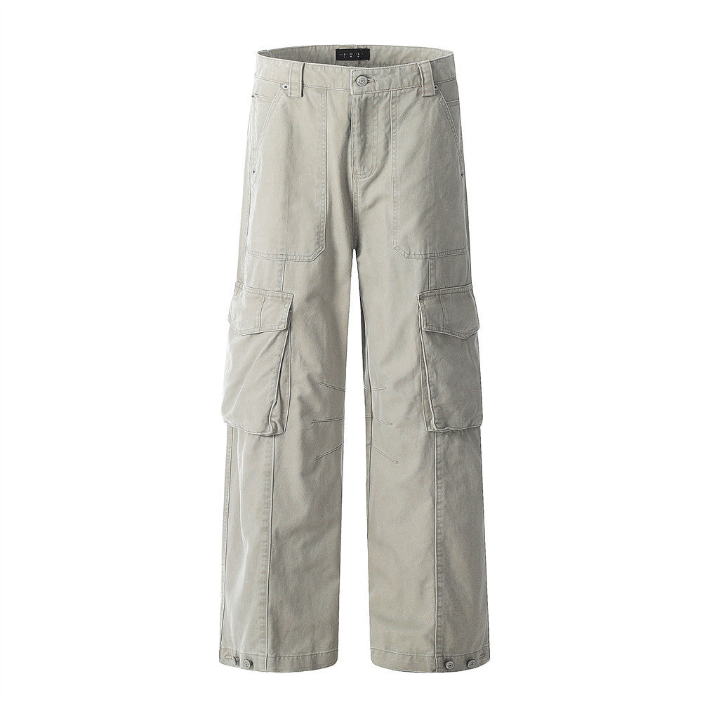 High Street Wide-Leg Work Pants Men's Vibe Trendy Pleated Multi-Pocket Design Solid Color Loose Straight Leg Long Pants