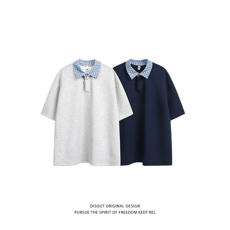 Checkered patchwork lapel fake two loose half sleeved polo shirts
