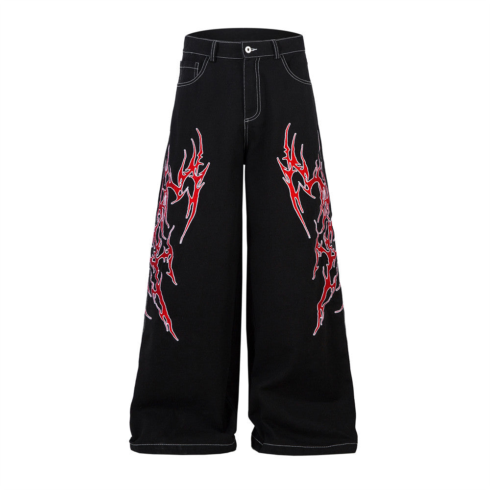 Sense Thorns Embroidery Pattern Wide Leg Denim Trousers Men's Niche Hip Hop Trendy Flared Loose Floor-Length Pants