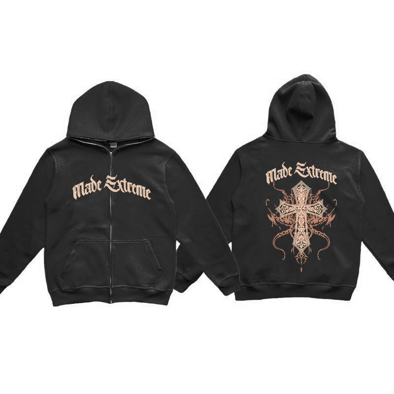 Full face zippered plush hoodie with a hat, American retro Y2K hoodie, men's casual jacket, men's