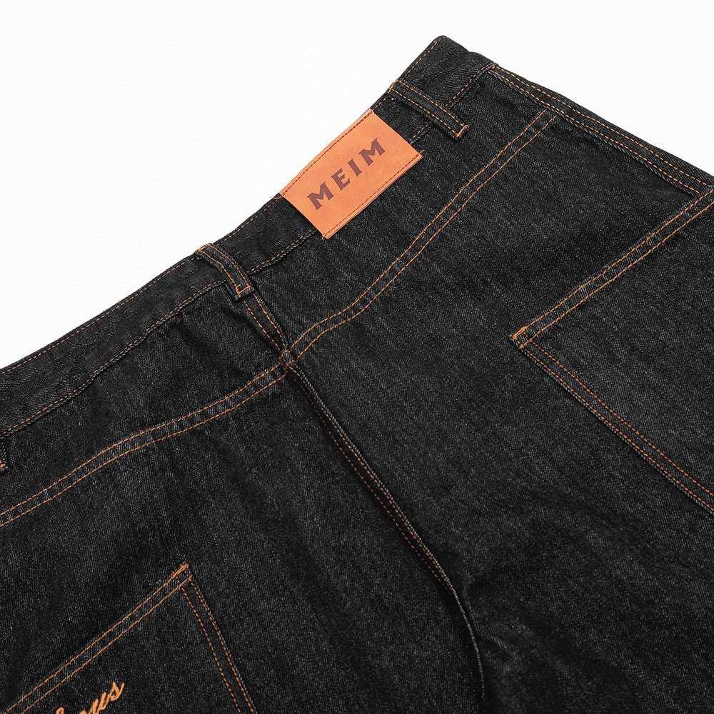 Loose Wide-Leg Denim Trousers Men's Hip-Hop Trendy Design Deconstructed Patchwork Topstitching Cargo Long Pants