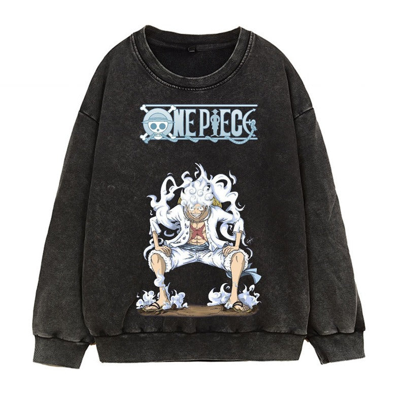 Washed retro distressed hoodie in Japanese Manica form, fifth grade Luffy Gear 5 anime print round neck top