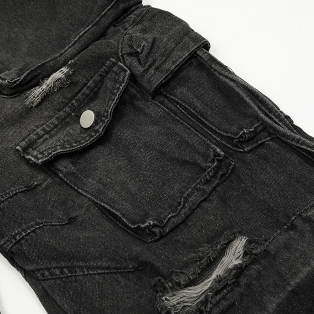 Functional Multi-Pocket Workwear Jeans Men's Trendy Punk Washed Distressed Unique Loose Straight Wide-Leg Long Pants