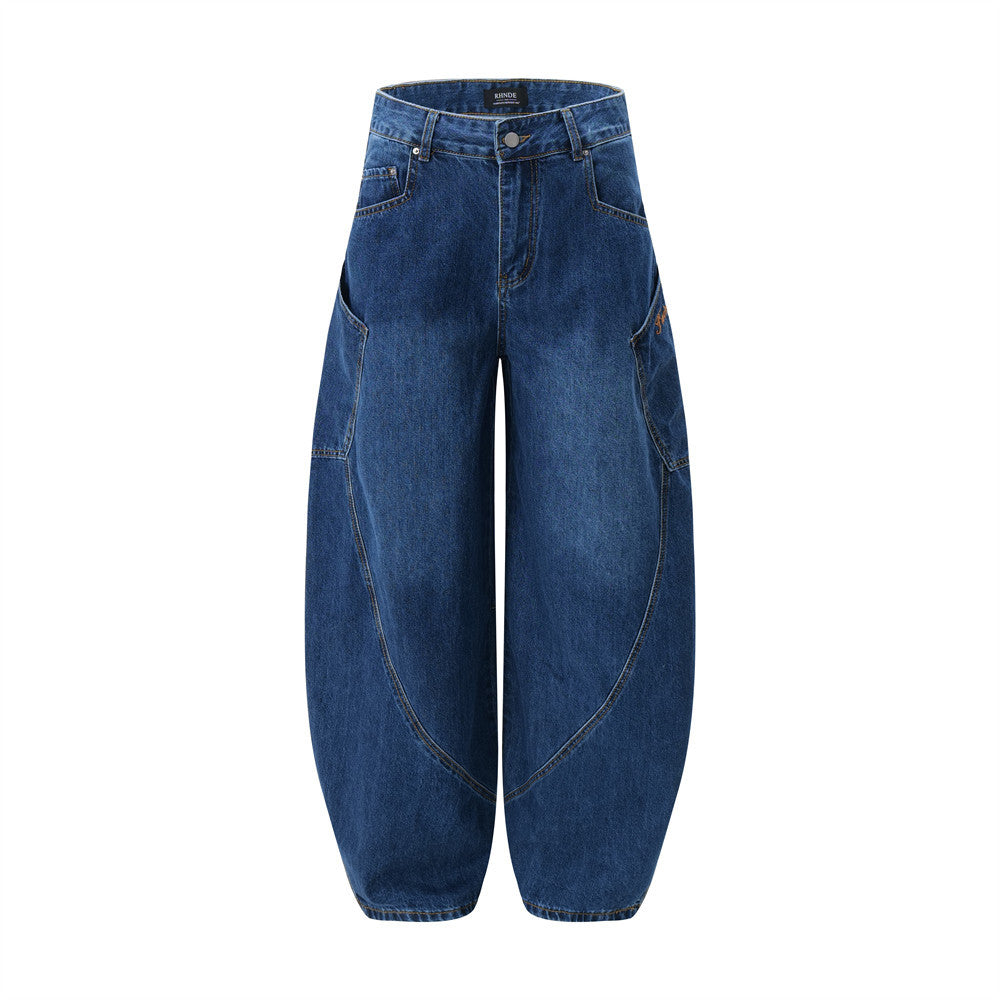 Large Pocket Slouchy Denim Trousers Men's American Street Style Design Loose Wide Leg Pants Embroidered Floor-Length Long Pants