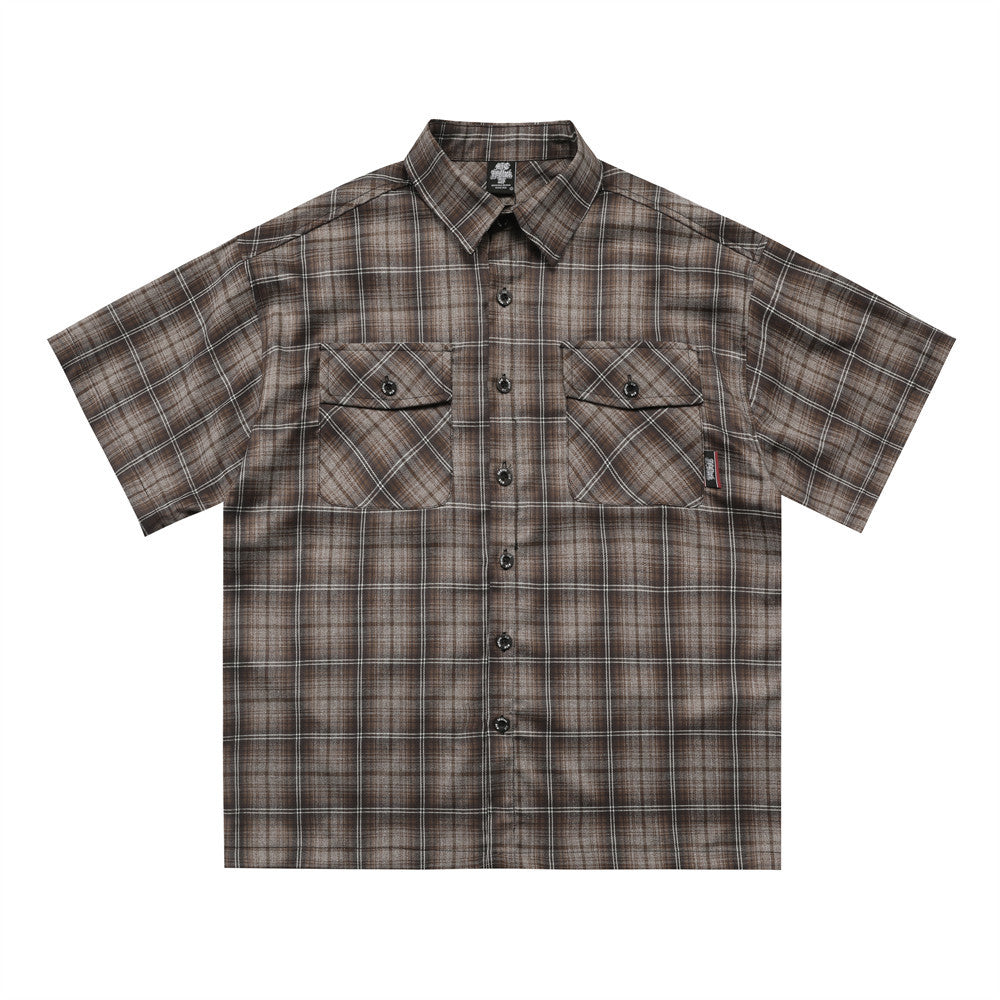 Gothic Letter Embroidery Plaid Short Sleeve Shirt Men's Vintage Street Fashion Workwear Checkered Collar Loose Fit
