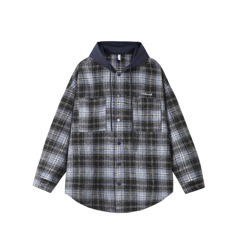 Fake two checkered hooded men's shirts