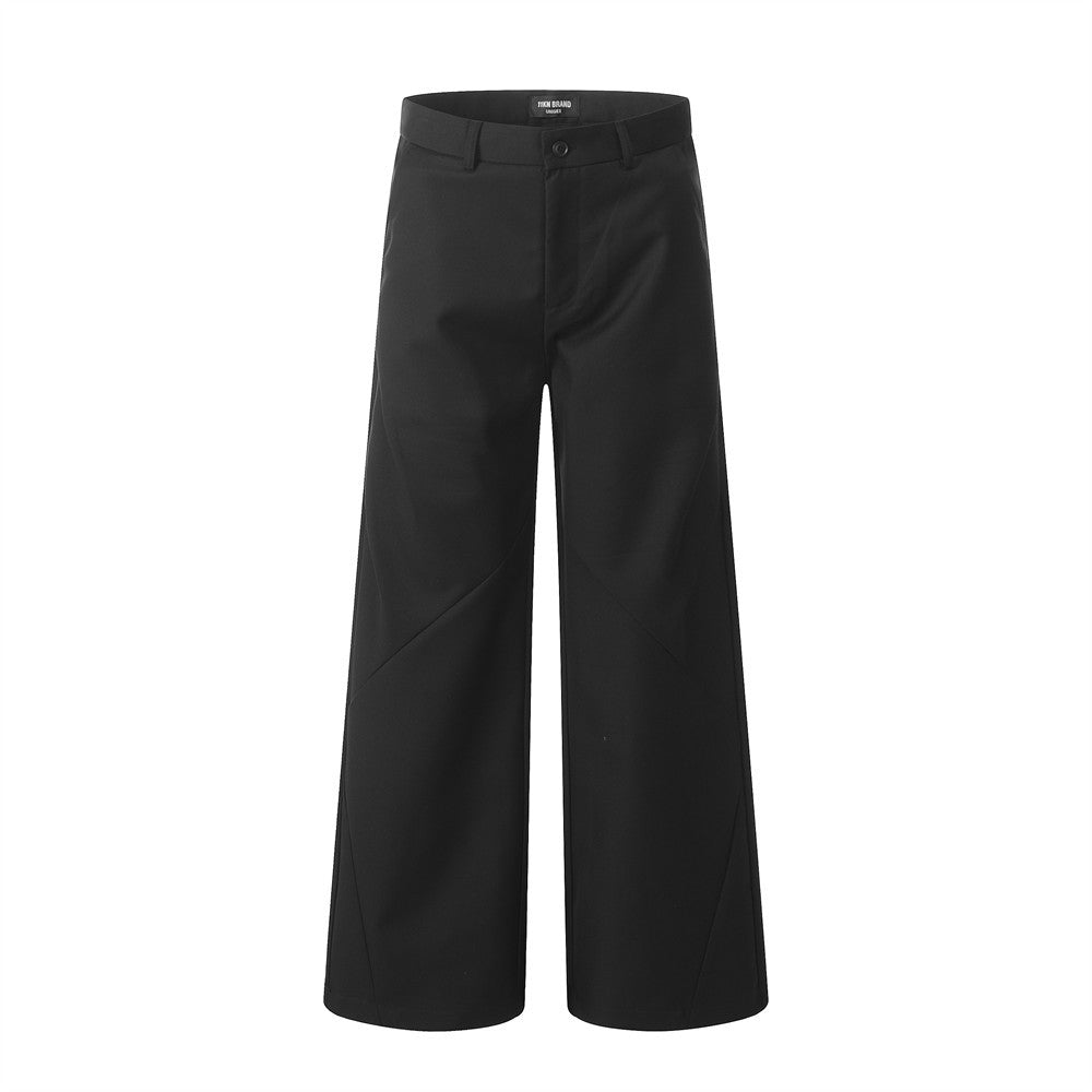 Trendy Solid Color Irregular Splicing Casual Wide-Leg Pants Men's Design Pleated Pressed Trousers Loose Long Pants