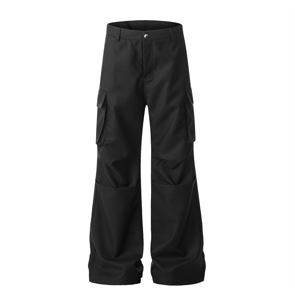 Loose Workwear Wide-Leg Flare Trousers Men's Unique Design Pleated Paratrooper Casual Long Pants Vibe Trend Micro Flare Pants