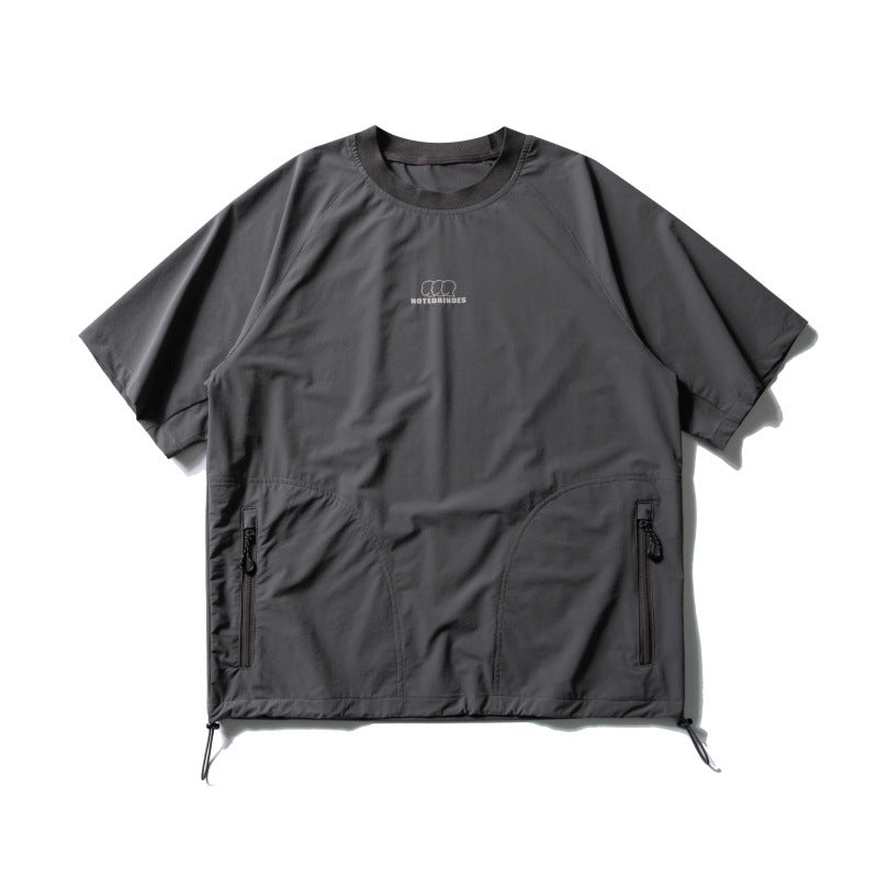 Zipper pocket breathable quick drying loose sports short sleeved shirt
