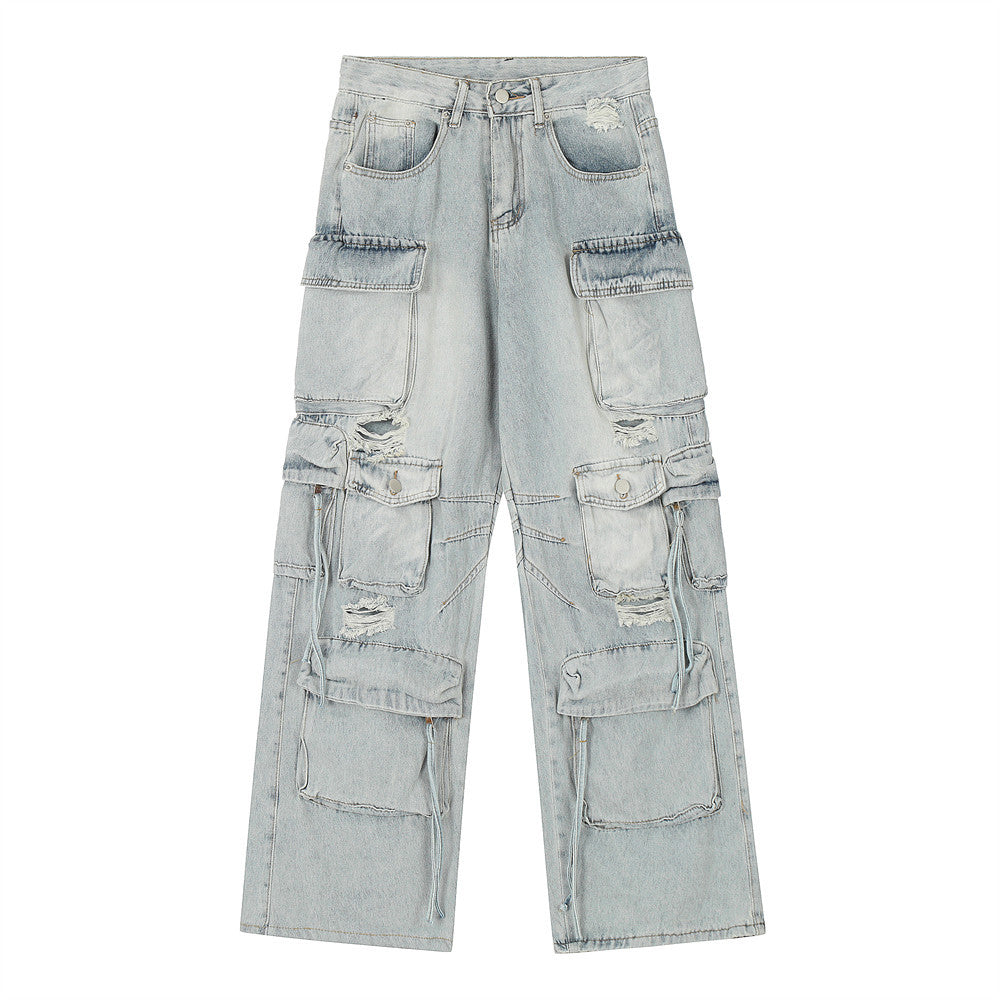 Functional Multi-Pocket Workwear Jeans Men's Trendy Punk Washed Distressed Unique Loose Straight Wide-Leg Long Pants